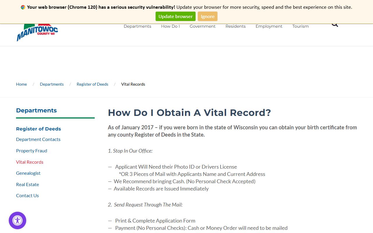 Manitowoc County divorce decree vital records office