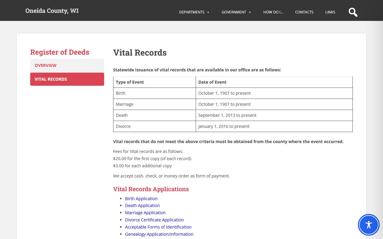 Oneida County divorce decree register of deeds vital records office